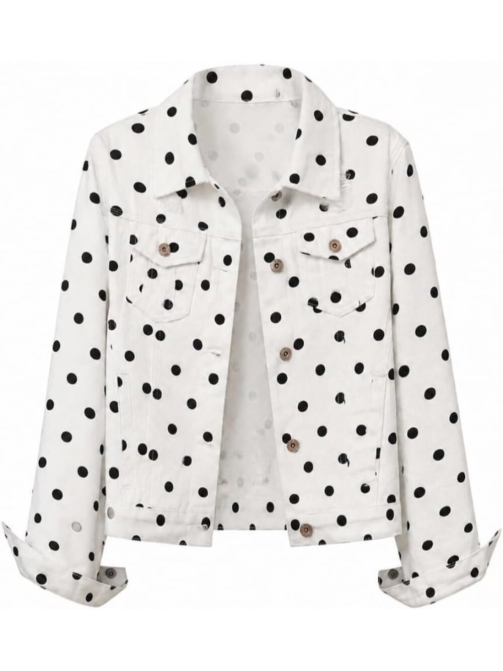 〽️Women's White Polka Dot Distressed Denim Jacket Ripped Cropped Jean Coat